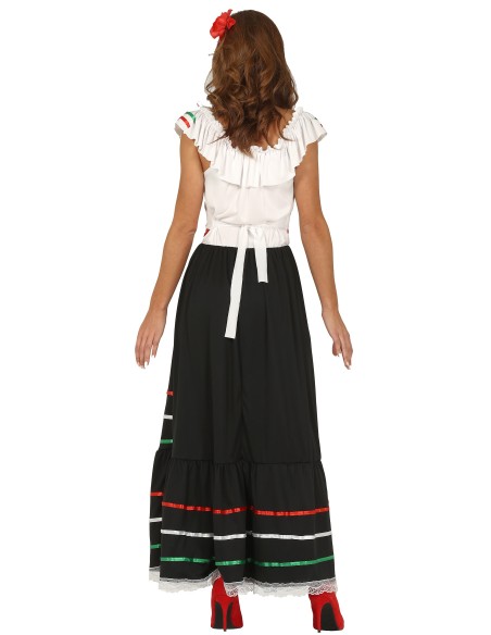 Costume donna messicana con top bianco decorato gonna nera e cintura rossa per feste a tema