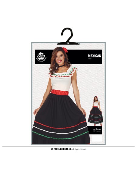 Costume donna messicana con top bianco decorato gonna nera e cintura rossa per feste a tema