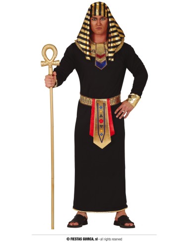 Costume faraone egiziano nero oro con copricapo striato e bastone ankh per uomo carnevale