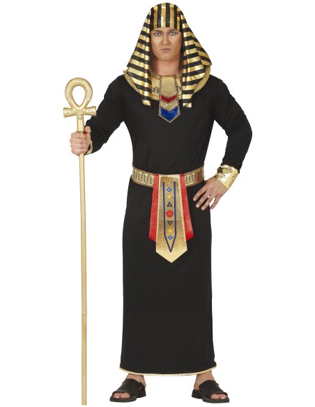 Costume faraone egiziano nero oro con copricapo striato e bastone ankh per uomo carnevale