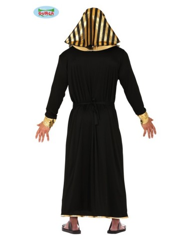 Costume faraone egiziano nero oro con copricapo striato e bastone ankh per uomo carnevale