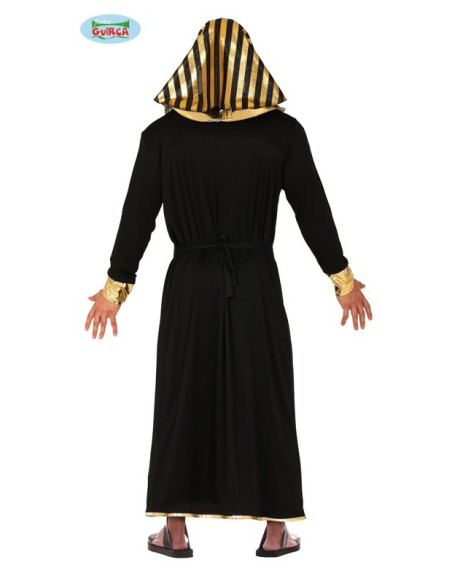 Costume faraone egiziano nero oro con copricapo striato e bastone ankh per uomo carnevale