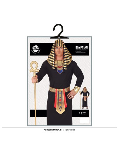 Costume faraone egiziano nero oro con copricapo striato e bastone ankh per uomo carnevale