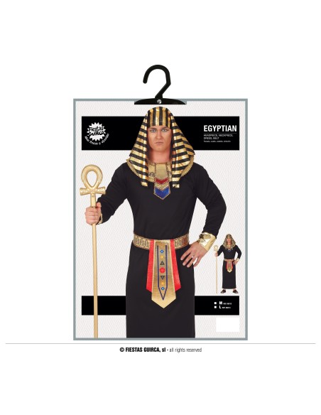 Costume faraone egiziano nero oro con copricapo striato e bastone ankh per uomo carnevale