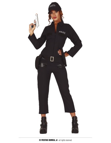 Costume poliziotta nero con tuta, cintura, cappello e pistola giocattolo per donna