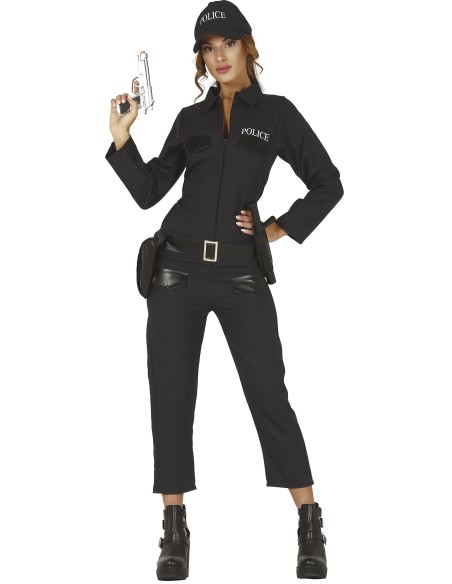 Costume poliziotta nero con tuta, cintura, cappello e pistola giocattolo per donna