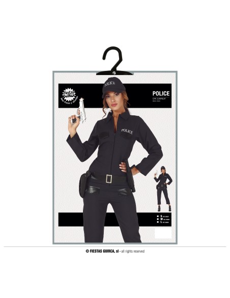 Costume poliziotta nero con tuta, cintura, cappello e pistola giocattolo per donna