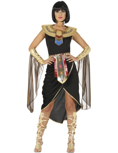 Costume regina egizia nero con dettagli dorati collare rigido e cintura decorativa per donna