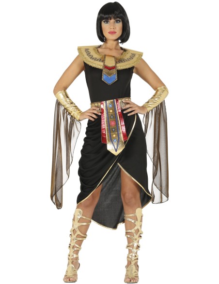 Costume regina egizia nero con dettagli dorati collare rigido e cintura decorativa per donna