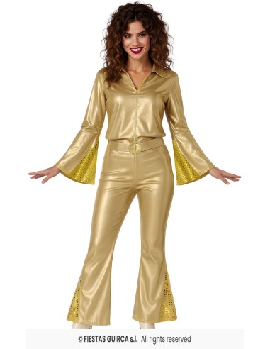 Costume disco donna oro anni 70 con camicia e pantaloni a zampa decorati paillettes gialle