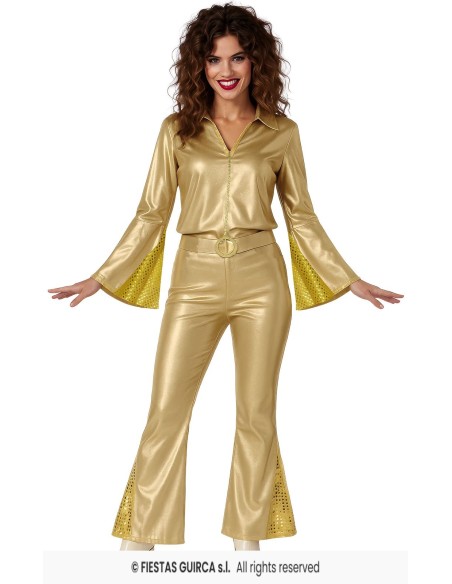 Costume disco donna oro anni 70 con camicia e pantaloni a zampa decorati paillettes gialle