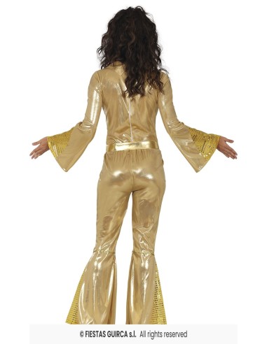 Costume disco donna oro anni 70 con camicia e pantaloni a zampa decorati paillettes gialle