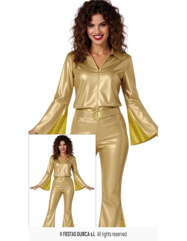 Costume disco donna oro anni 70 con camicia e pantaloni a zampa decorati paillettes gialle