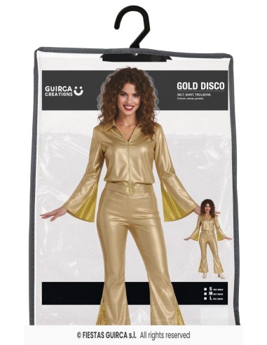 Costume disco donna oro anni 70 con camicia e pantaloni a zampa decorati paillettes gialle