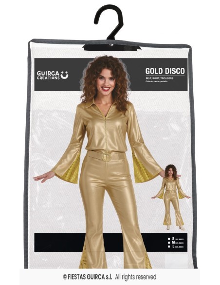 Costume disco donna oro anni 70 con camicia e pantaloni a zampa decorati paillettes gialle