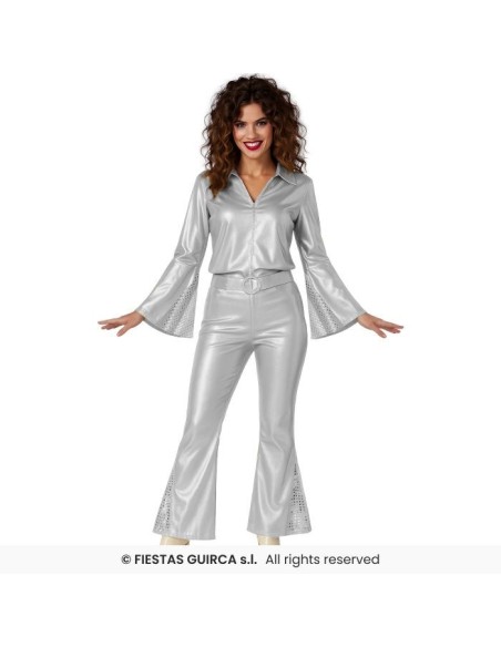 Costume disco argento donna anni 70 con top scollato e pantaloni a zampa metallizzati