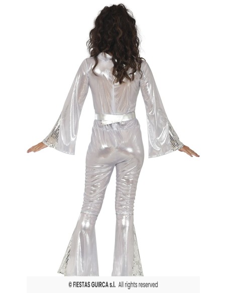 Costume disco argento donna anni 70 con top scollato e pantaloni a zampa metallizzati