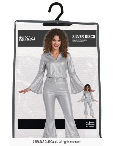 Costume disco argento donna anni 70 con top scollato e pantaloni a zampa metallizzati