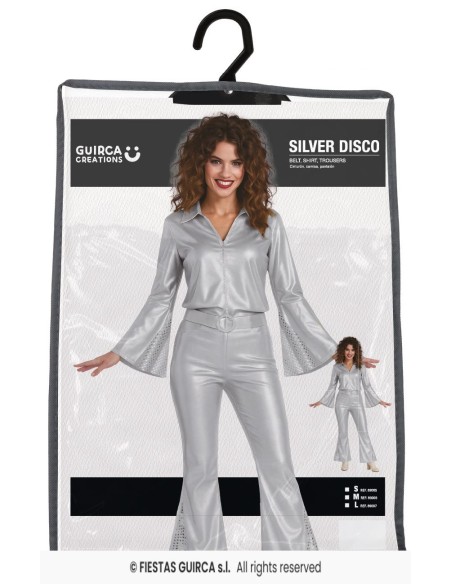 Costume disco argento donna anni 70 con top scollato e pantaloni a zampa metallizzati