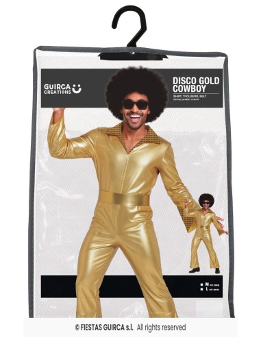 Uomo con costume disco oro metallizzato e parrucca afro nera per festa anni 70