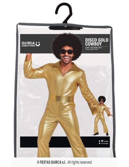 Uomo con costume disco oro metallizzato e parrucca afro nera per festa anni 70