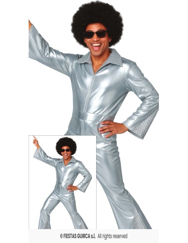 Costume disco argento lucido anni 70 con tuta metallizzata per feste a tema