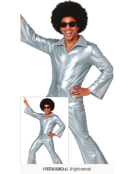 Costume disco argento lucido anni 70 con tuta metallizzata per feste a tema