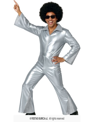 Costume disco argento lucido anni 70 con tuta metallizzata per feste a tema