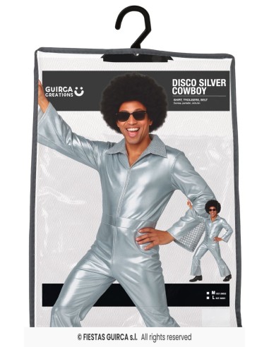 Costume disco argento lucido anni 70 con tuta metallizzata per feste a tema