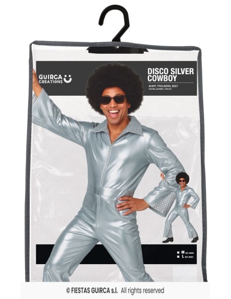 Costume disco argento lucido anni 70 con tuta metallizzata per feste a tema