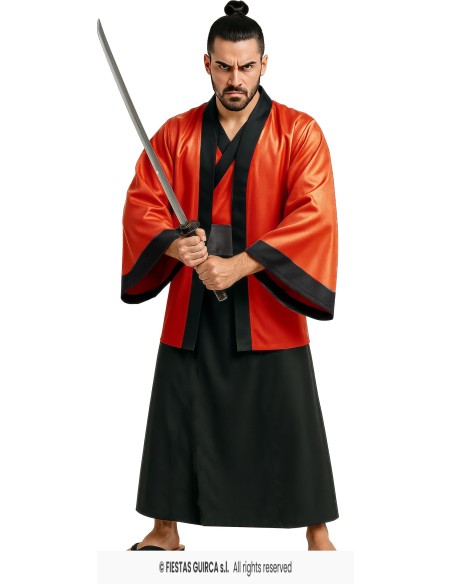 Kimono rosso e nero da samurai giapponese con spada per costume uomo adulto
