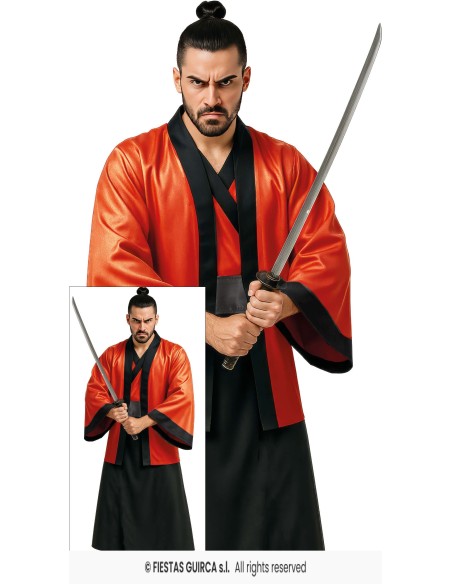 Kimono rosso e nero da samurai giapponese con spada per costume uomo adulto