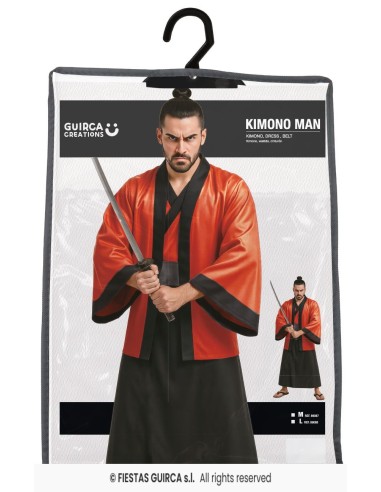 Kimono rosso e nero da samurai giapponese con spada per costume uomo adulto