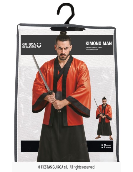 Kimono rosso e nero da samurai giapponese con spada per costume uomo adulto