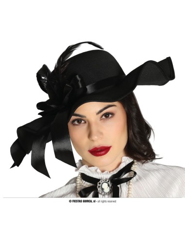 Cappello nero da dama con piume e fiocco elegante per costumi vintage