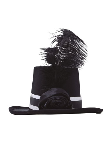 Mini cilindro nero con fiore decorativo e piume nere per costumi eleganti e feste a tema