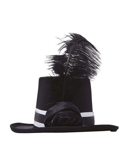 Mini cilindro nero con fiore decorativo e piume nere per costumi eleganti e feste a tema