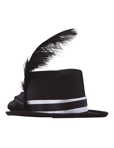 Mini cilindro nero con fiore decorativo e piume nere per costumi eleganti e feste a tema