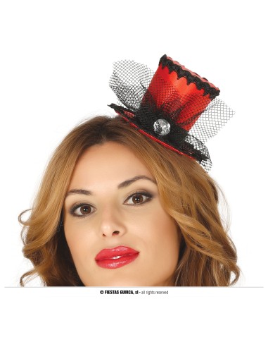 Mini cilindro rosso con velo nero e decorazioni, cappellino elegante da donna per feste a tema