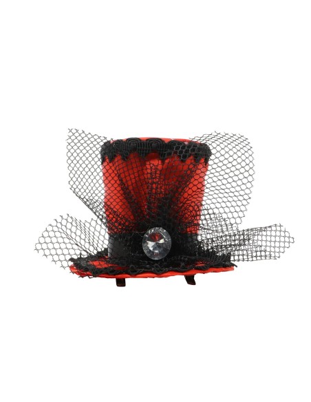 Mini cilindro rosso con velo nero e decorazioni, cappellino elegante da donna per feste a tema