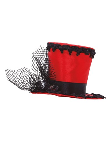 Mini cilindro rosso con velo nero e decorazioni, cappellino elegante da donna per feste a tema