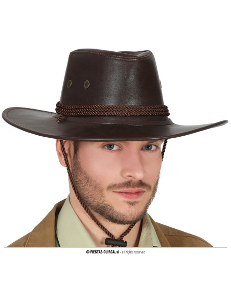 Cappello cowboy marrone in similpelle con laccetto intrecciato per travestimenti western e feste a tema