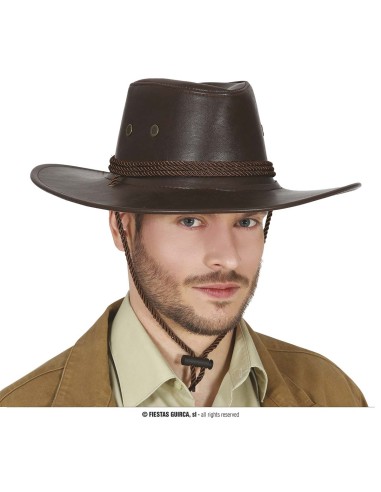 Cappello cowboy marrone in similpelle con laccetto intrecciato per travestimenti western e feste a tema