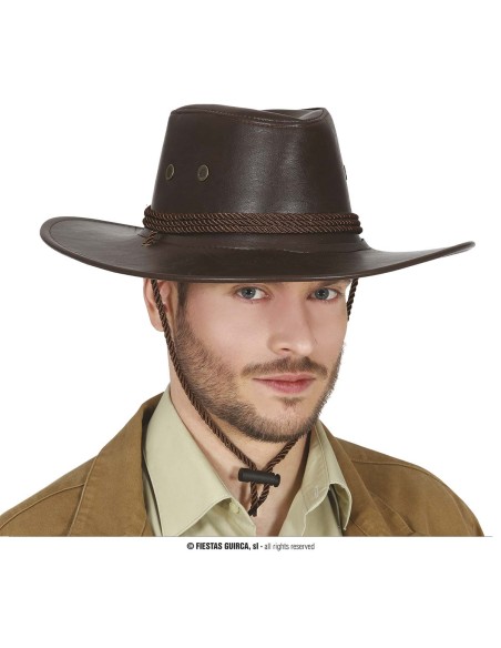 Cappello cowboy marrone in similpelle con laccetto intrecciato per travestimenti western e feste a tema