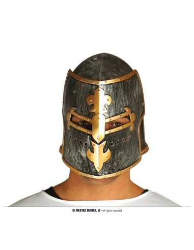 Elmo cavaliere medievale grigio con visiera dorata e dettagli metallici per costume storico
