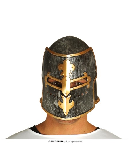 Elmo cavaliere medievale grigio con visiera dorata e dettagli metallici per costume storico