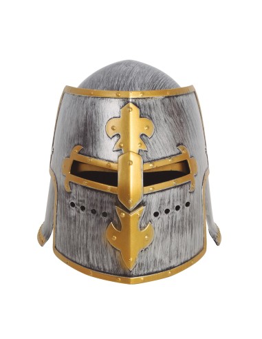 Elmo cavaliere medievale grigio con visiera dorata e dettagli metallici per costume storico