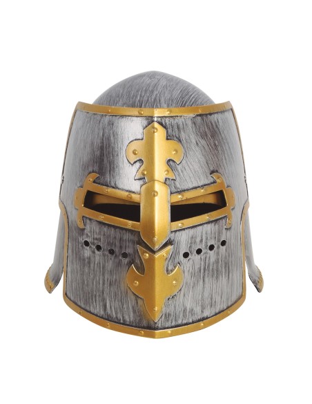 Elmo cavaliere medievale grigio con visiera dorata e dettagli metallici per costume storico
