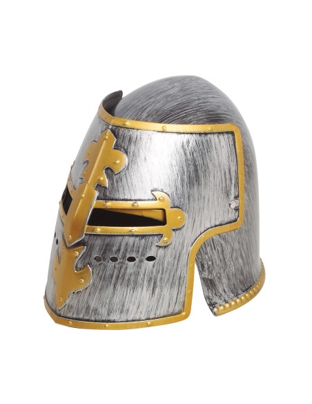 Elmo cavaliere medievale grigio con visiera dorata e dettagli metallici per costume storico