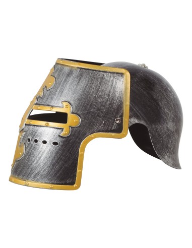 Elmo cavaliere medievale grigio con visiera dorata e dettagli metallici per costume storico